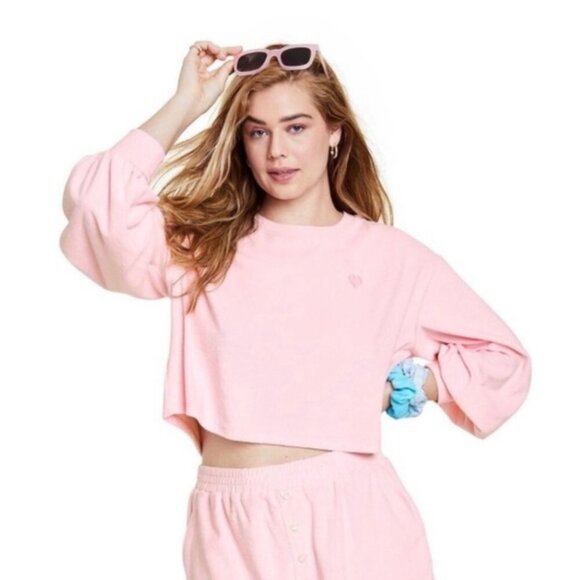 Stoney Clover Lane Pink Terry Cloth Cropped Sweatshirt - Picture 1 of 12
